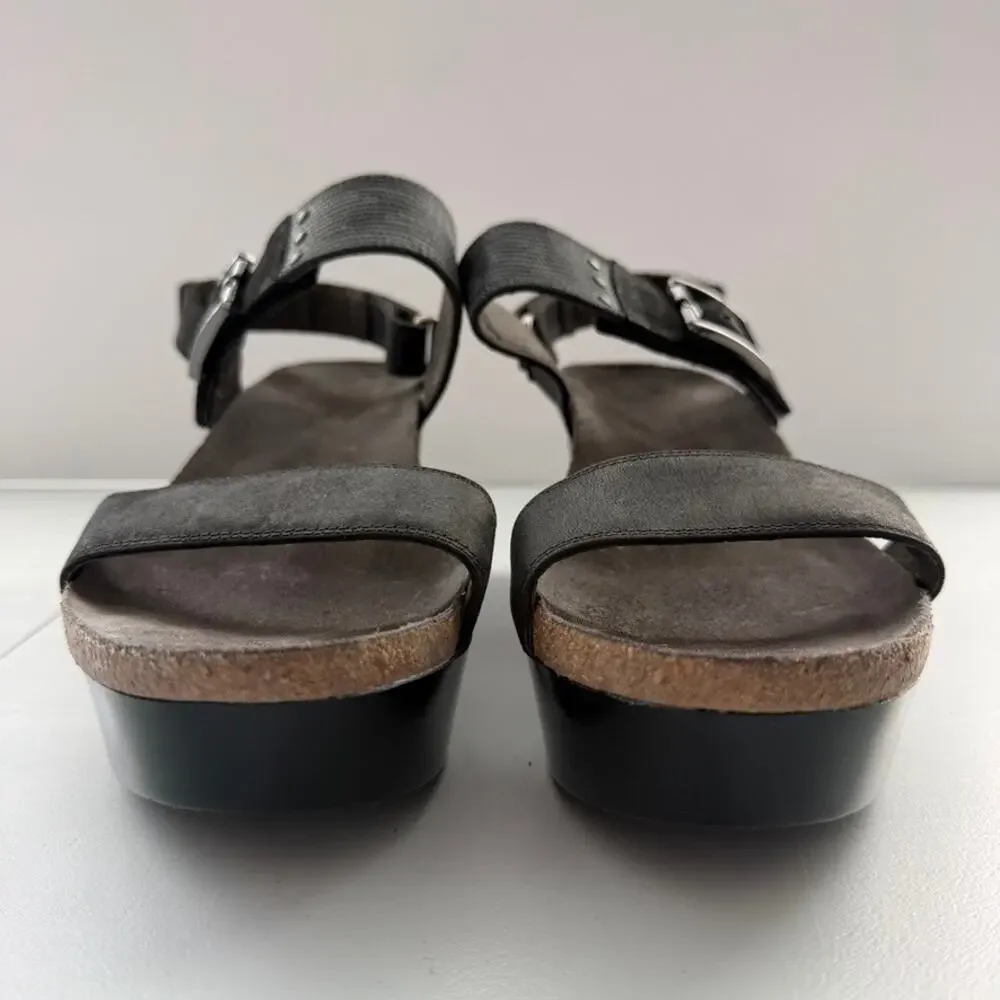 Naot Alpha Print Wedge Sandals Black & Cork Comfort Leather Heels Size 41 US 10